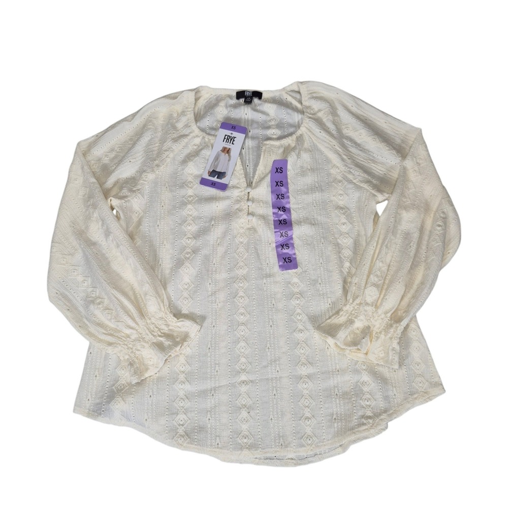 Frye W Salt Breeze Eyelet Peasant Blouse XS Cream Long Sleeve Henley 1784602